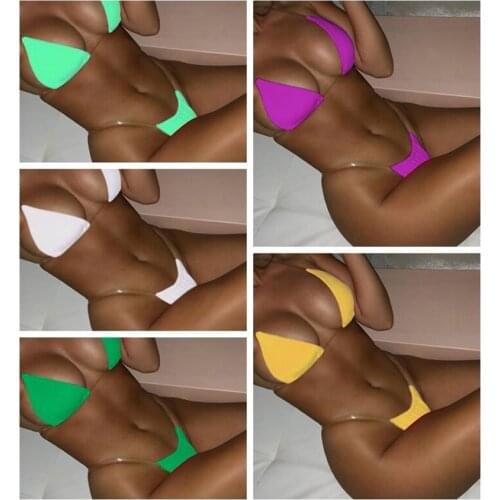 Solid Color Two Piece Swimwear Womens Sexy Transparent Shoulder Strap Backless Bra Triangle Panties Suit Female Bathing Suit
