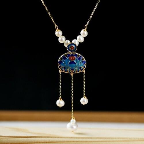 Original Chinese Style Copper Gold-plated Female Models Cloisonne Lotus Natural Freshwater Pearl Tassel Necklace Wholesale