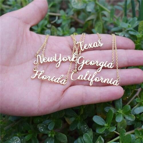 California Necklace Stainless Steel Gold Plated Handwritten Script Florida New York Texas CA State Pendant Choker Chain Gift