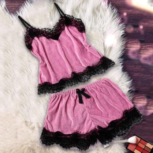 Sexy Lingerie Womens Pajamas Prant Set Bow Shorts V-Neck Tops Velvet Sleeveless Home Sleepwear Pyjama Pour Femme Drop Shipping