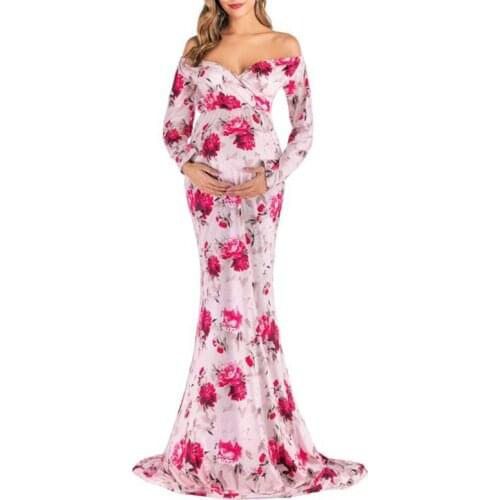 2019 Maternity Photography Props Dresses Women Off Shoulder Sexy Deep V-Neck Long Sleeve Floral Maxi Pregnant Photo Dress 11005