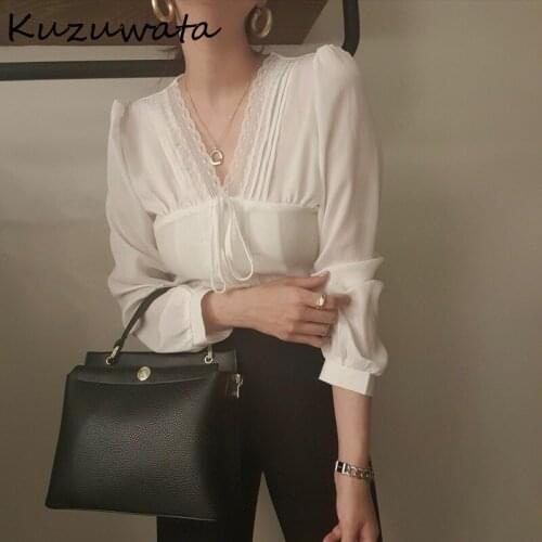 Kuzuwata V Neck Pullover Long Sleeve White Blouse Women Work Style Ol Lace Hook Flower Blusas Spring 2021 New Shirt Feminino