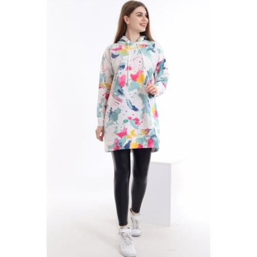 Brush Patterned Hooded Tunic Women Long Sleeve Top Blouse Autumn Winter Warm Shirt Clothes Ladies Casual Daily Sweatshirt Hoodie