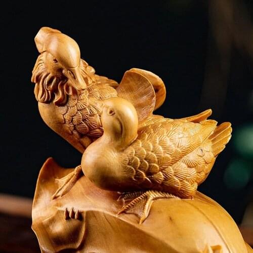 Escultura de madera maciza Feng Shui, dos Patos mandarín artesanales chinas, regalo de madera, decoración para el hogar, 12cm