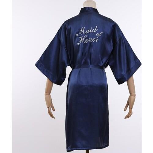 Navy blue Rayon Sexy Women maid of honor Embroidery Wedding Kimono Robes Sleepwear Nightgown Dress Woman Bathrobe Pajamas