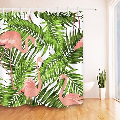 Tropical Hawaii Summer Plants Pink Flamingo Print Shower Curtain 2 Sizes Bathroom Polyester Curtain Decor