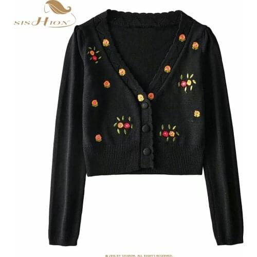 Vintage Long Sleeve Autumn Cardigan VD1519 Black White Floral Flower Embroidery Sweater Short Causal Ladies Top
