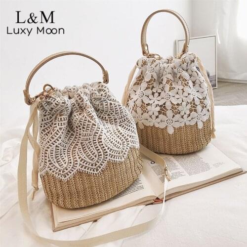 Women Drawstring Bucket Handbag Female Fashion Woven Mini Bag Small Handmade Crossbody Bags Summer Beach Holiday Bag XA811H