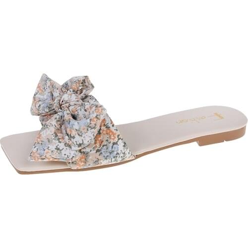 2021 New Casual Summer Shoes Woman Flats Heel Sandals Flower Print Handmade Sweet Elegant Open Toe Butterfly-knot Slippers