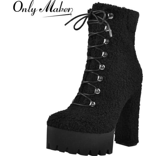 Onlymaker Winter Womens Black Lamb Wool Ankle Booties Cross Lace-Up Platform Chunky High Heel 2021 Fashion Big Size