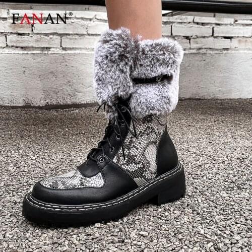 FANAN Rabbit Fur Ankle Boots for Women Genuine Leather Comfortable Square Heel Shoes Snake Print Round Toe Winter Platform Boots