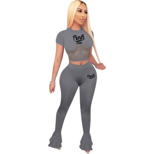 Women Sets Clothes 2021 Black Girl 2 Pc Set Pink Letter Print T-Shirt Crop Top Flare Leg Pants Holiday Sexy Streetwear