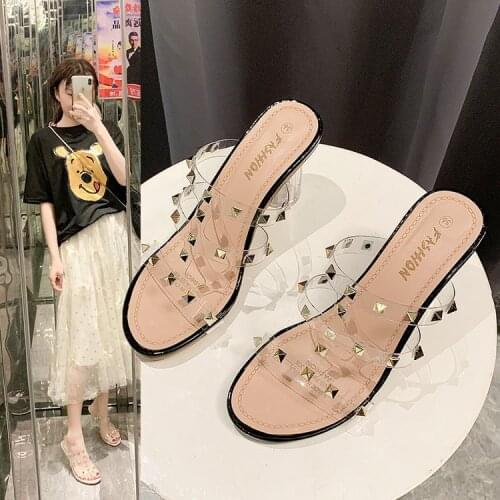 2020 Summer New Transparent Slippers Female Women Shoes Mules Rivet Crystal Sexy Fashion Clear Square High Heels Ladies Shoes