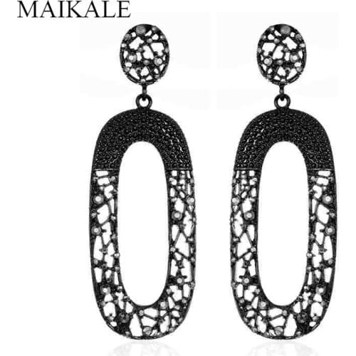 MAIKALE Vintage Big Round Hollow Alloy Drop Earrings for Women Black Rhinestone Exaggerated Long Earring Party Jewelry Punk Gift