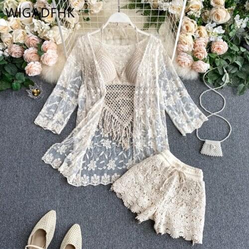 WIGADFHK Summer Womens Lace Suit 2021 New Halter Hollow Camisole + Knit Shorts + Lace Top Chic 3-piece Set