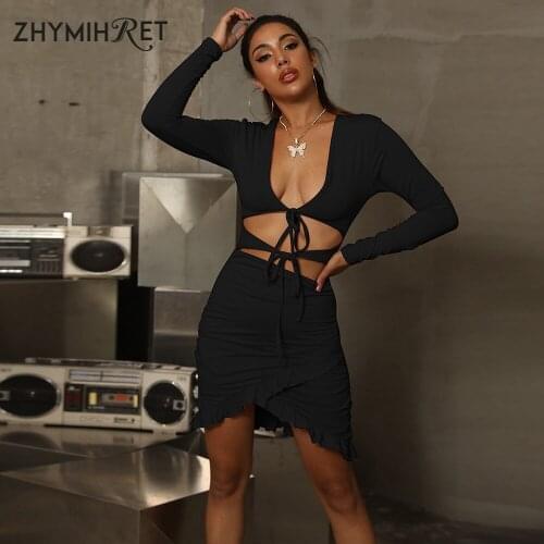 ZHYMIHRET Sexy V Neck Lace Up Bandage Dress For Women Ruffles Hollow Out Long Sleeve Mini Dress Autumn Winter Bodycon Vestidos