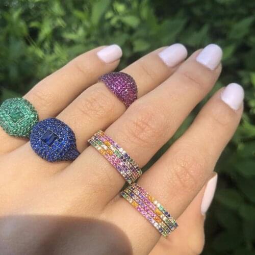 925 Sterling silver gold multi color eternity band delicate rainbow cute girl women colorful beautiful full cz stack skinny ring