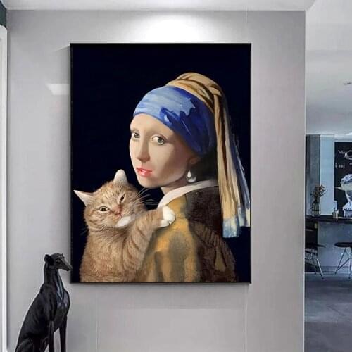 Famous Canvas Paintings Cat Girl with A Pearl Earring Oil Painting Posters and Prints Classic Portrait Picture for Home Decor