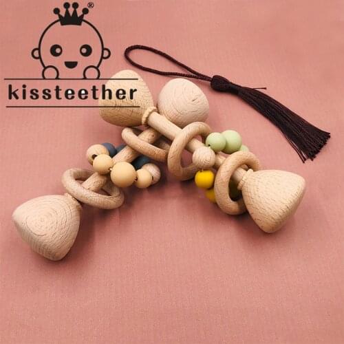 Kissteether 1pc Baby Teether Toys Beech Wood Baby Rattle BPA Free Rodent Silicone Beads Rattle Newborn Play Gym Educational Toys