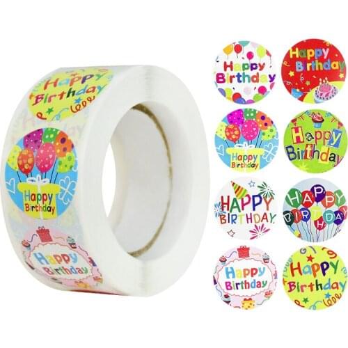 500pcs/roll Happy Birthday Stickers Round Paper Sticker Party Gift Packaging Sealing Labels for Scrapbooking Decor Greeting Card