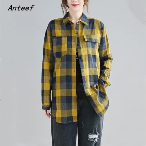 Anteef long sleeve cotton vintage plaid blouse Casual loose spring autumn tops women 2021 blouses button up shirt clothing