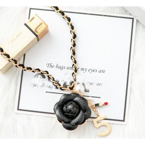 Big Camellia Pendant Necklace for Women Letter 5 Lipstick Charms Long Weave Leather Chain Necklaces Fashion Brand jewelry Z031