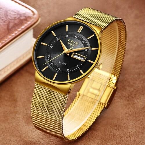 2019 New Gold Quartz Clock LIGE Mens Watches Top Brand Luxury Watch For Men Simple All Steel Waterproof Wrist Watch Reloj Hombre