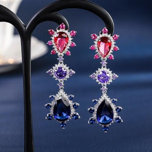 EYER Trendy Blue CZ Zircon Crystal Pendant Multicolor Long Earrings For Women Wedding Party Bridal Jewelry femme Gift Jewelry