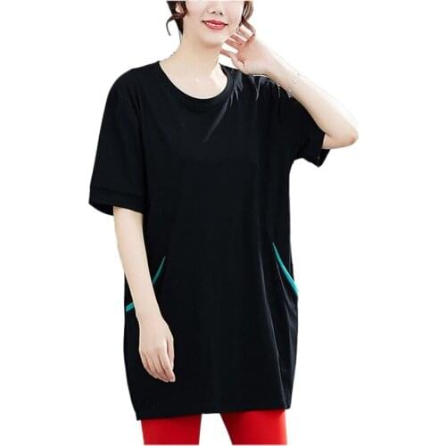 Oversize Summer Cotton T-Shirt Women Short-Sleeve Pocket Tees O-Collar Medium-Length Loose Tops Cozy Solid-Color Tshirt KW1130