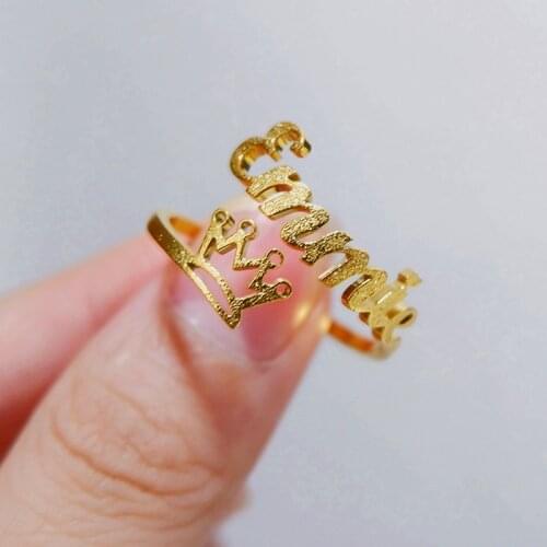 Custom Name Ring Crown Frosted Gold Stainless Steel Personalized Ring Engraved Initials Rings for Women Girls Jewelry Gift