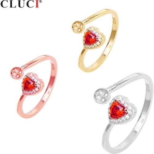 CLUCI 925 Sterling Silver Women Heart Pearl Ring Mounting Silver 925 Adjustable Red Love Heart Zircon Rings Jewelry SR2190SB