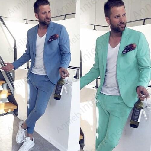 2020 Blue Men Suits Fashion Street Smart Business Male Tuxedo Summer Beach Wedding Suits For Men Prom Jacket Pants 2 Pieces Set