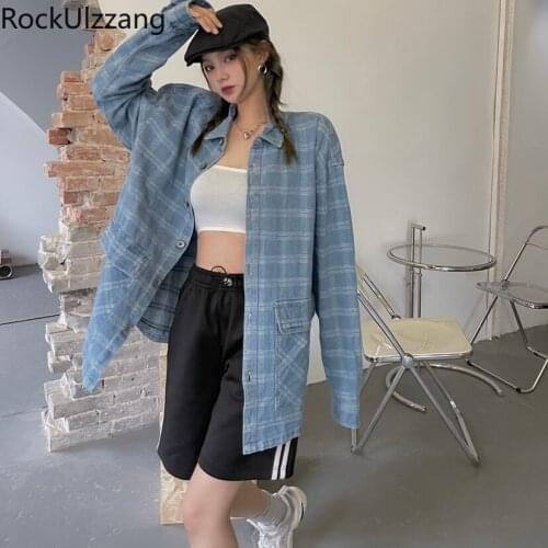 Fall Spring Fashion Woman Man Plaid Denim Jacket Long Sleeve Loose Button Coat Oversized Streetwear Jeans Windbreaker Overcoat