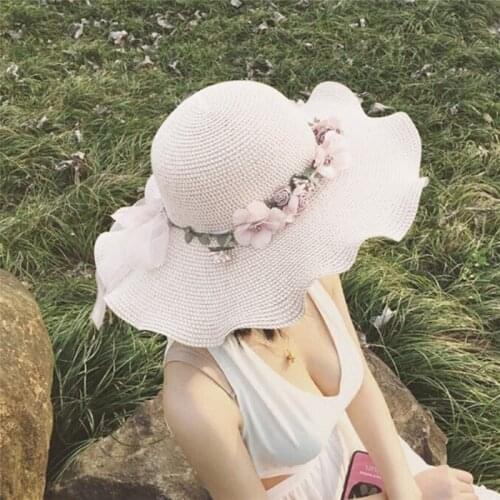 Summer Elegant Womens Sun Hat Flower Straw Hat Wide Brim Sea Beach Sun Hat Bone Capeline Chapeaux For Lady