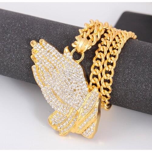 Personality Gold Plated Pray with Hands Jesus Necklace White Rhinestone Iced Out Long Cuban Chain Necklace Men Hip Hop Jewelry