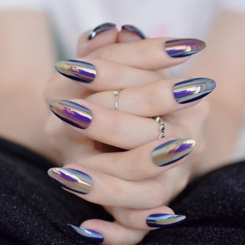 Almond Medium Acrylic Nail Tips Blue Chrome Colorful Full Cover Manicure Accessories Holographic Shiny Surface 24 Count