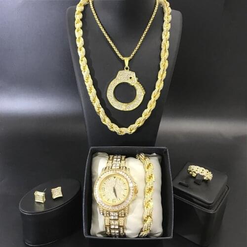 Luxury Men Gold Watch & Necklace & Braclete & Ring &Earrings Combo Set Ice Out Cuban Jeweryl Crystal Miami Chain Hip Hop For Men