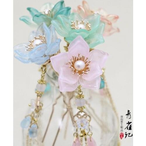 Handmade the 12 Floras Flower Hairpin Classical Pearl Small Hair Clasp Use for Decoration Zither