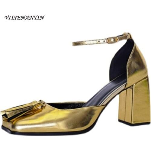 Genuine Leather Spike Shoes with Thick Heel Buckle Square Toe Mary Jane Shoes with Retro Tassel Foot Wrap Belt Single Shoes