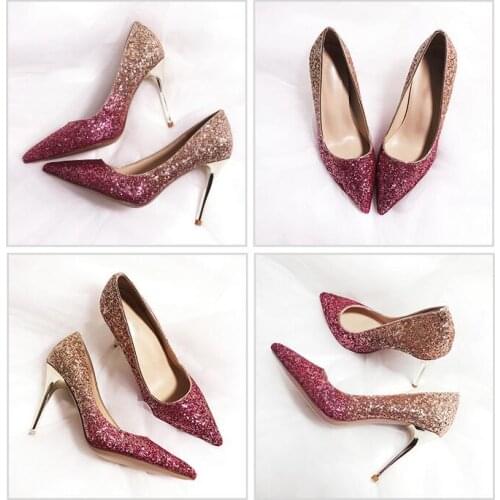 Gold Rose Woman High Heels Pumps Bling Bling Paillette Stiletto Brides Maid Heels Shoes Slip-on Female Wedding Dress Shoes