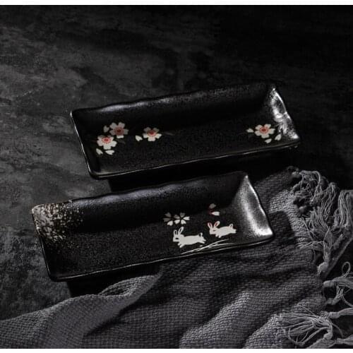 Japanese black ceramic sakura rectangular sushi plate wine set tray sashimi cooking snack dish