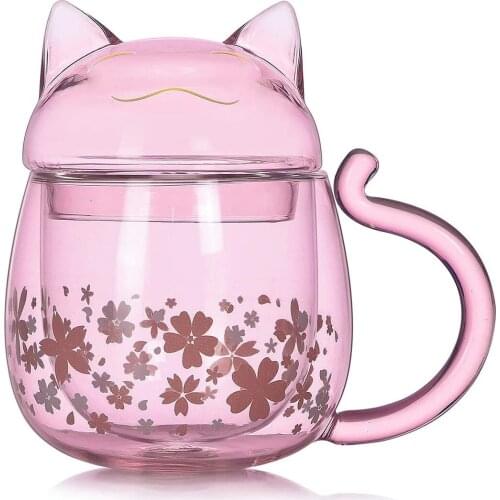 Fun Double Layer Coffee Mugs Cat Cups Glass Green Tea Cup With Cover Suitable For Family Gathering Office Gifts 8.5oz/250ml