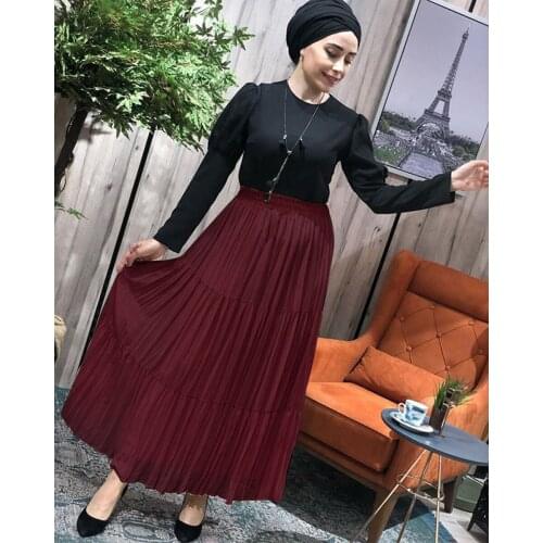 Skirt Ankle Length Womens Solid Color Casual Pleated High Waist Elastic Chiffon Muslim WEPBEL Fashion