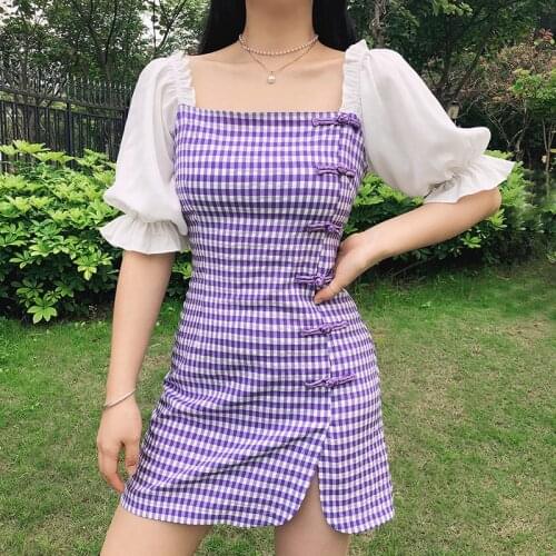 Women Square Neck Short Puff Sleeve Patchwork Plaids Cheongsam Style Short Mini Split Slit Sweet Elegant Dress