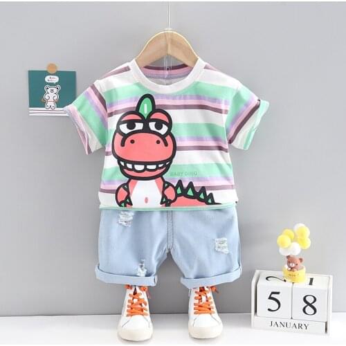 2021 New Summer Children Fashion Clothing Baby Boys Girls Cartoon Lapel T Shirt Denim Shorts 2Pcs/Sets Kids Infant Cloth Toddler