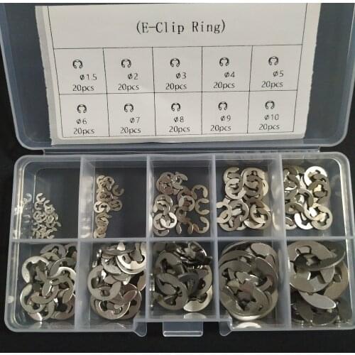 200Pcs Stainless Steel E Clip Washer Assortment Kit 1.5 2 3 4 5 6 7 8 9 10 mm Circlip retaining ring for shaft fastener