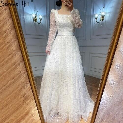 White A-Line Luxury Evening Dresses 2020 Beading Long Sleeve Formal Gown Women Elegant Serene Hill BLA70271