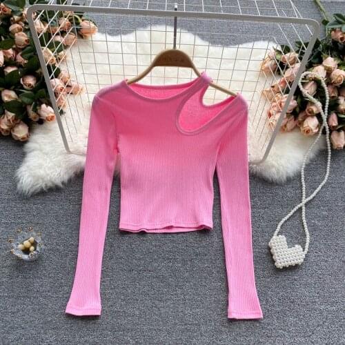 DEAT 2021 New Autumn Winter Fashion Machine Hollow Out Long Sleeve T-shirt Sexy Short Open Navel Solid Color Top Womens SK704