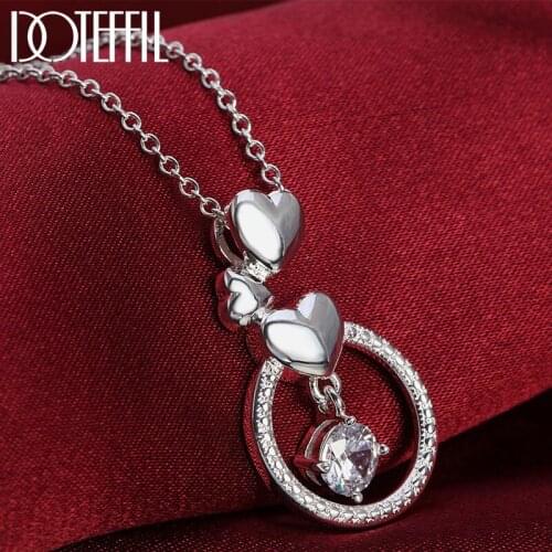 DOTEFFIL 925 Sterling Silver 18 Inch Heart-Shaped Circle Pendant AAA Zircon Necklace For Women Fashion Wedding Charm Jewelry