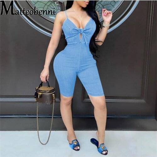 Women Denim Playsuits Backless Sleeveless Sling Bow V-Neck Zipper Stretchy Rompers Sexy Fashion One Piece Overall Outfit Summer